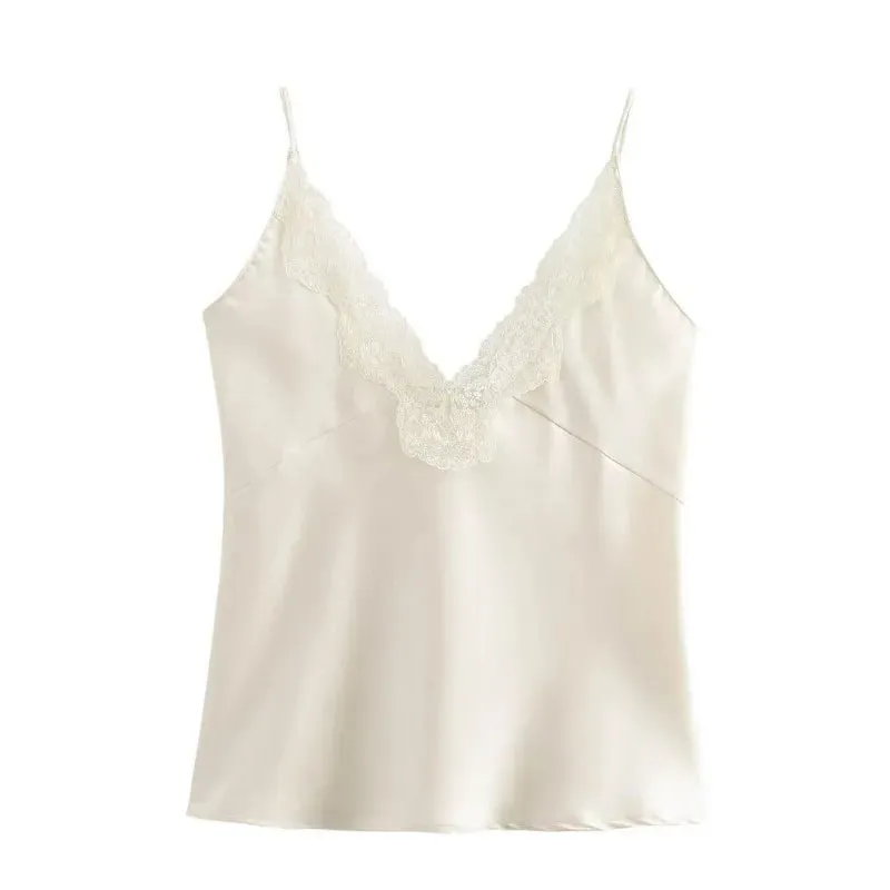 Women Lace Patchwork Tanks Tops Satin V-neck Solid Sleeveless Camisole Summer Women Spaghetti Strap Mini Tops Fashion Slim Camis — image 2