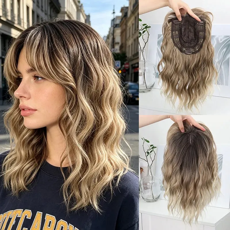 14Inch Synthetic Short Wave Curly Topper Hair Extension Invisible Coverage & Built-in Bangs for Women Daily Use Easy to Wear — image 1