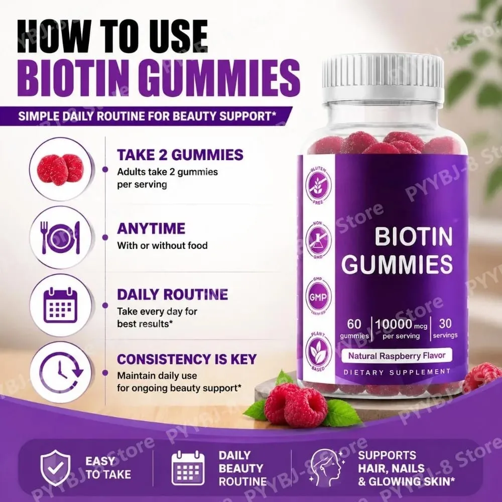 Biotin Gummies with Vitamin Vegan Gluten Free Soy Free Natural Raspberry Flavor Support Hair Nail and Skin Health 60 Gummies