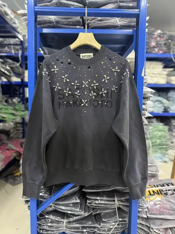 Letters Logo Rhinestone Rivet Satoshi Nakamoto Sweatshirts Men Women Streetwear Vintage Washed Charcoal Gray Green Pullovers Tag — image 2