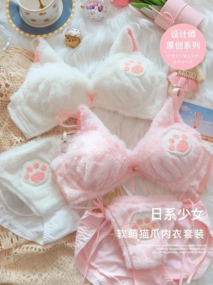 Cute Cat Paw Plush Lingerie Set for Women Warm Winter Bra & Panty with Ears Comfortable Kawaii Underwear — image 3