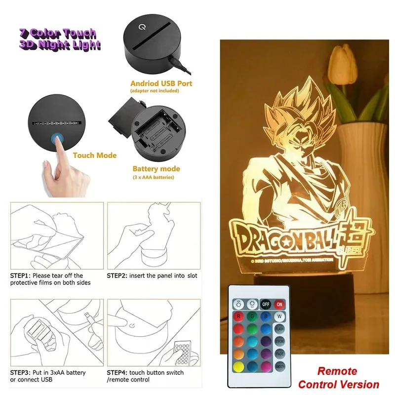 Dragon Ball Z Anime Figures Goku Vegeta Gohan Broly 3D Lamp PVC Action Figures Toys for Children Trunks Buu Super Saiyan Gifts
