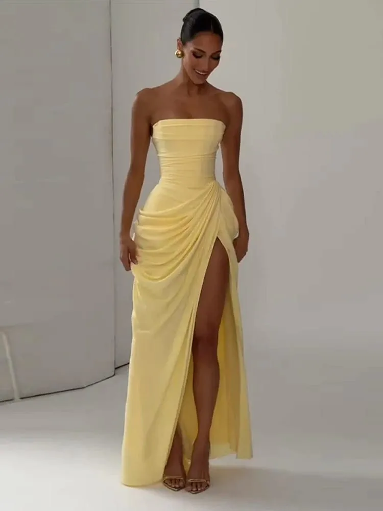 Sexy Solid Geplooide Strapless Jurk Lady Chic Off-shoulder Backless Hoge Taille Split Jurken Vrouwen 2026 Nieuwe Avond Party Gown — image 3