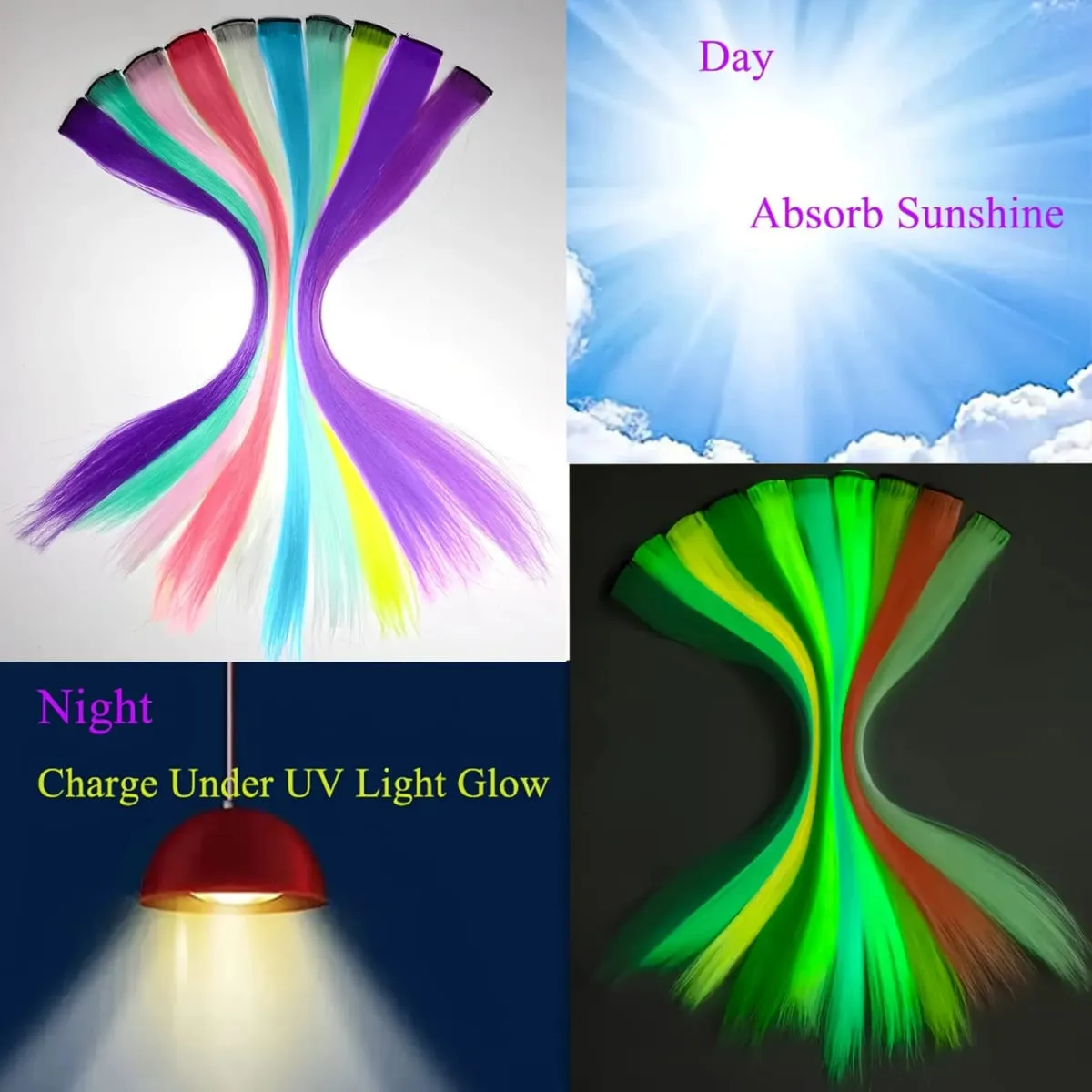 Glow in the Dark Hair Extensions Luminous Colored Hairpieces Colorful Hair Clips Synthetic Neon Fake Hair Clips Hair Accessories — image 4