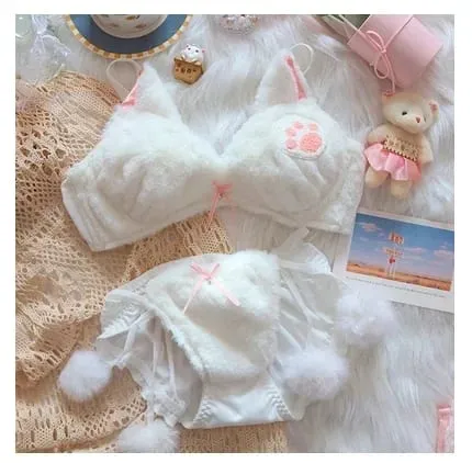 Cute Cat Paw Plush Lingerie Set for Women Warm Winter Bra & Panty with Ears Comfortable Kawaii Underwear — image 9
