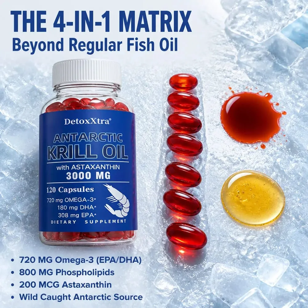 Antarctic Krill Oil 3000mg Capsules Omega-3 EPA DHA Astaxanthin & Phospholipids Antioxidant Heart Brain Joint & Eye Support