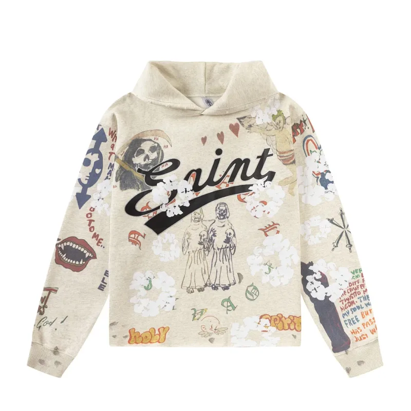 24FW SAINT Vintage Angel Printed Distressed Women Men Hooded Sweatshirt Hoodies Oversized Men Casual Cotton Pullover Hoodie — image 6