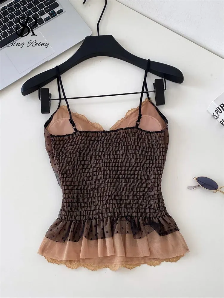 Polka Dot Mesh Lace Top French V Neck Shirred Stretchy Slim Backless Female Tank Top Summer Y2K Sensual Lazy Camisole — image 4