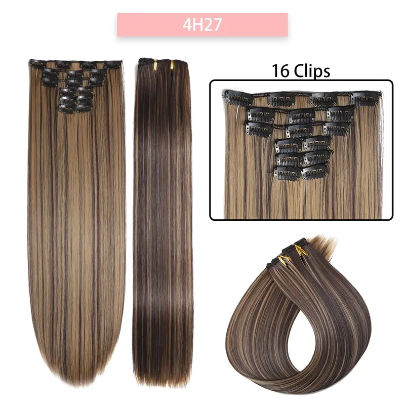 6-Piece Set 24-Inch Synthetic Clip-On Hair Extensions Straight Hair Removable Lightweight Synthetic Wig Women's Exclusive
