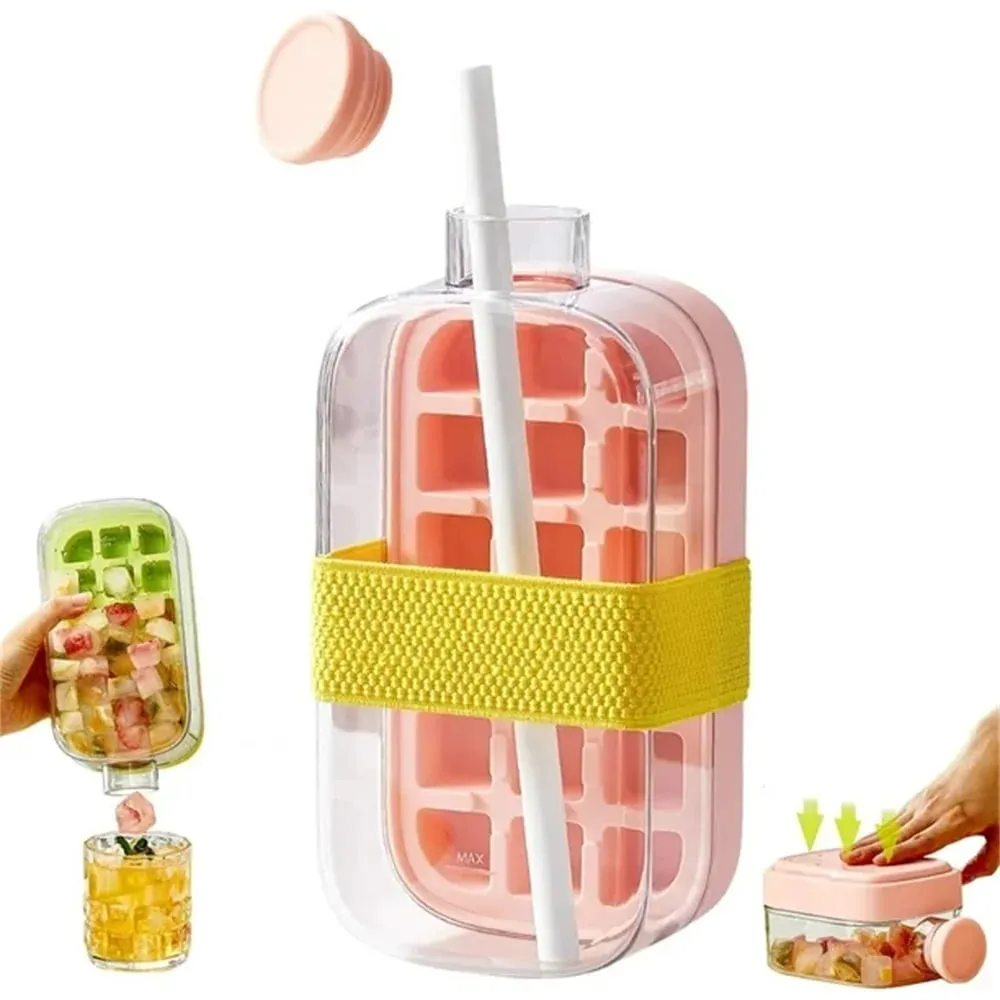 Ice Cube Bottle with Straw 2 In 1 Touch-Free Push-Type Ice Cube Making Bottle Easy Release Water Bottle Ice Mold