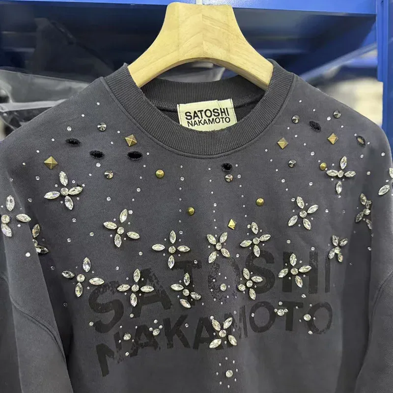 Letters Logo Rhinestone Rivet Satoshi Nakamoto Sweatshirts Men Women Streetwear Vintage Washed Charcoal Gray Green Pullovers Tag — image 23
