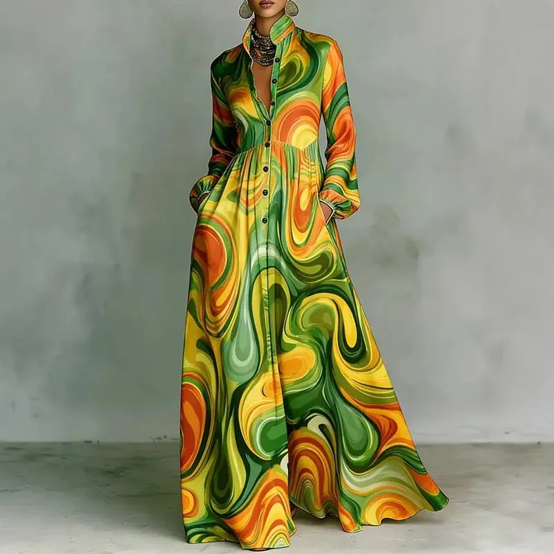 Robe plissée taille haute pour femme, motif rétro imprimé, col chemise, poches boutonnées, Maxi, manches longues, style Boho, vacances, printemps — image 4