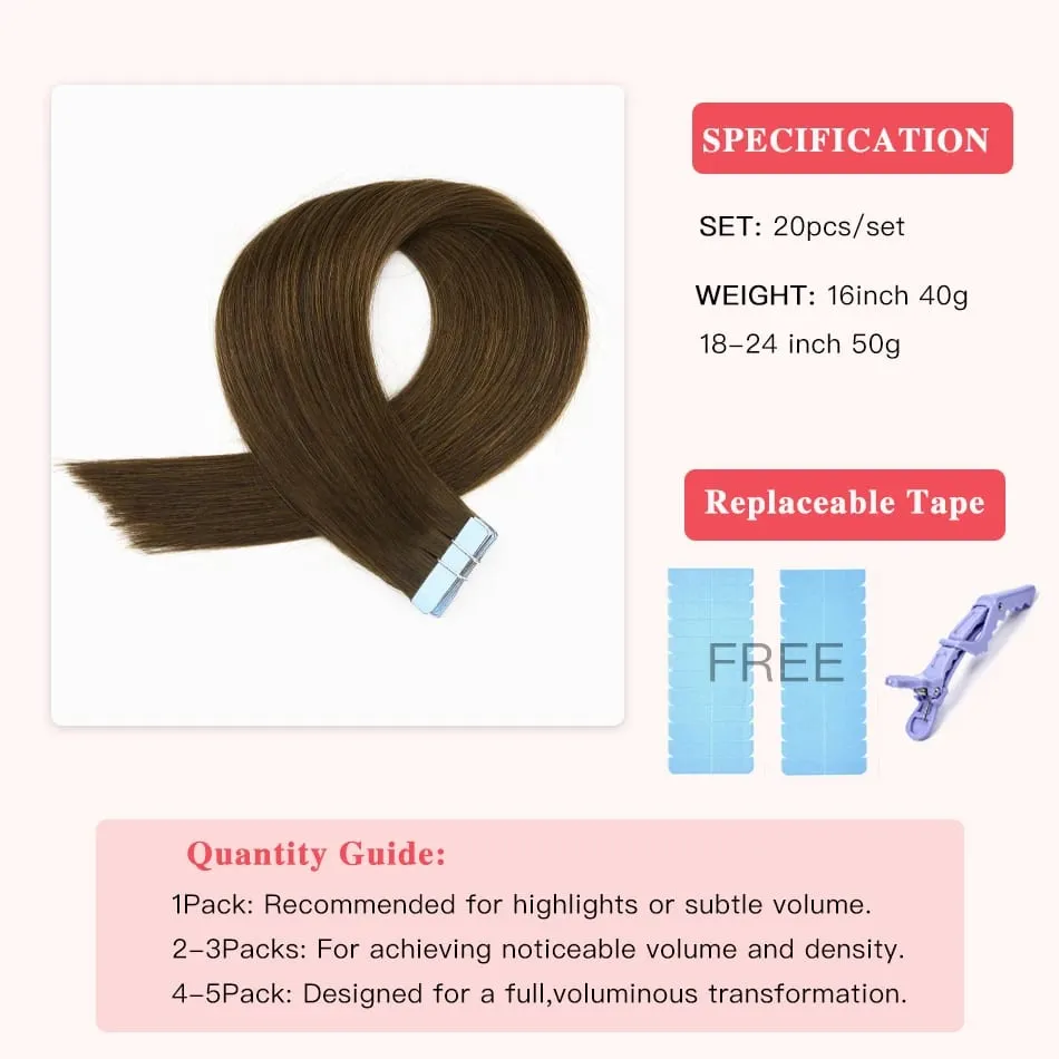 Brown Tape in Hair Extensions 100% Remy Human Hair Extensions Straight Seamless Skin Weft Tape in Extensions for Women 20pcs