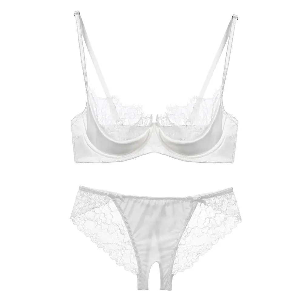 Half Cup Lingerie Set Women Green French Lace Ultra Thin Sheer Soft Comfortable Underwire Bra Small Bust 32‑38AB Set — image 1