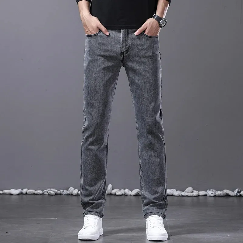 Printemps nouveaux hommes jean droit confortable élastique décontracté affaires travail pantalon rétro bleu mode coupe lavé Denim pantalon — image 4