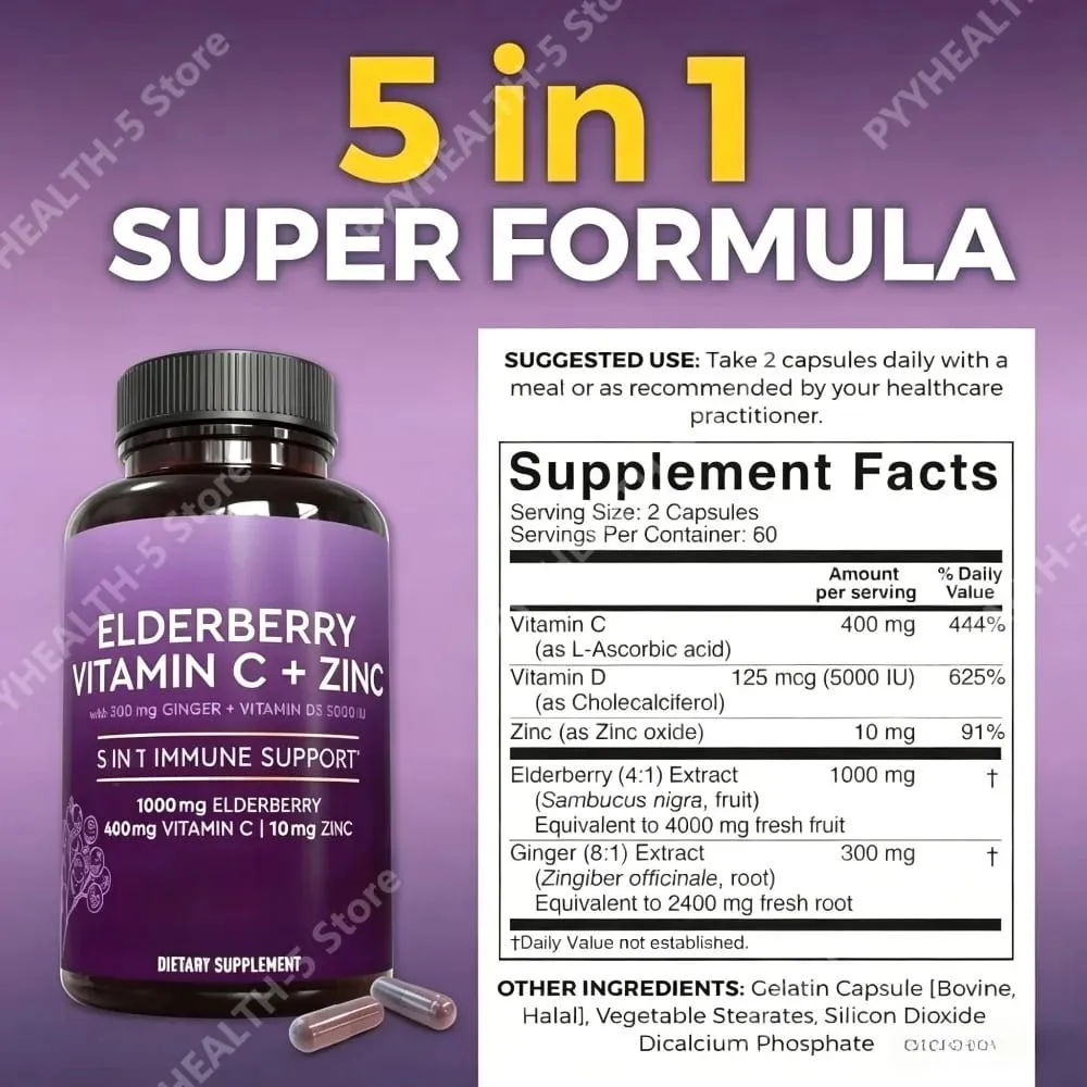 Capsule di sambuco con vitamina C zinco D3 Zenzero Sambucus Miscela di erbe di sambuco nero Supporto quotidiano per il benessere degli adulti — image 4