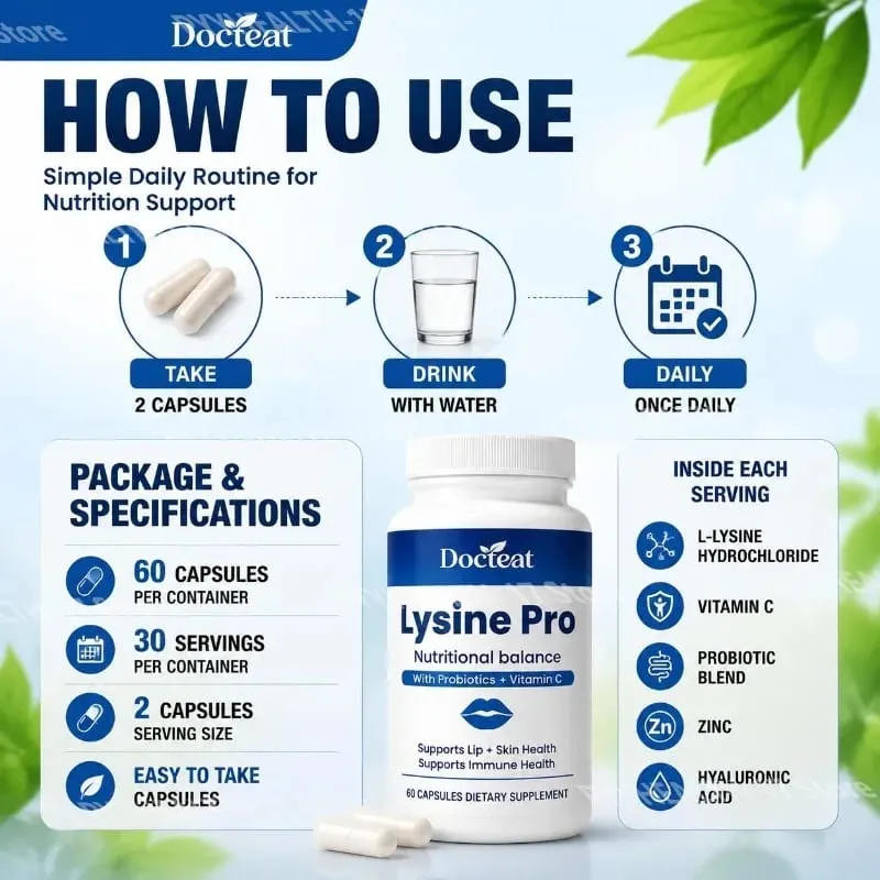 Lysine Pro Capsules with Probiotics and Vitamin C for Skin Health and Digestive Balance and Zinc for Men Women 60 Capsules