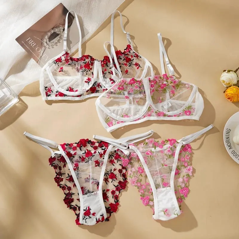 Women Floral Embroidery Sheer Mesh Lingerie Set Underwire Bra and Briefs Adjustable Straps Ladies Intimates Suit — image 2