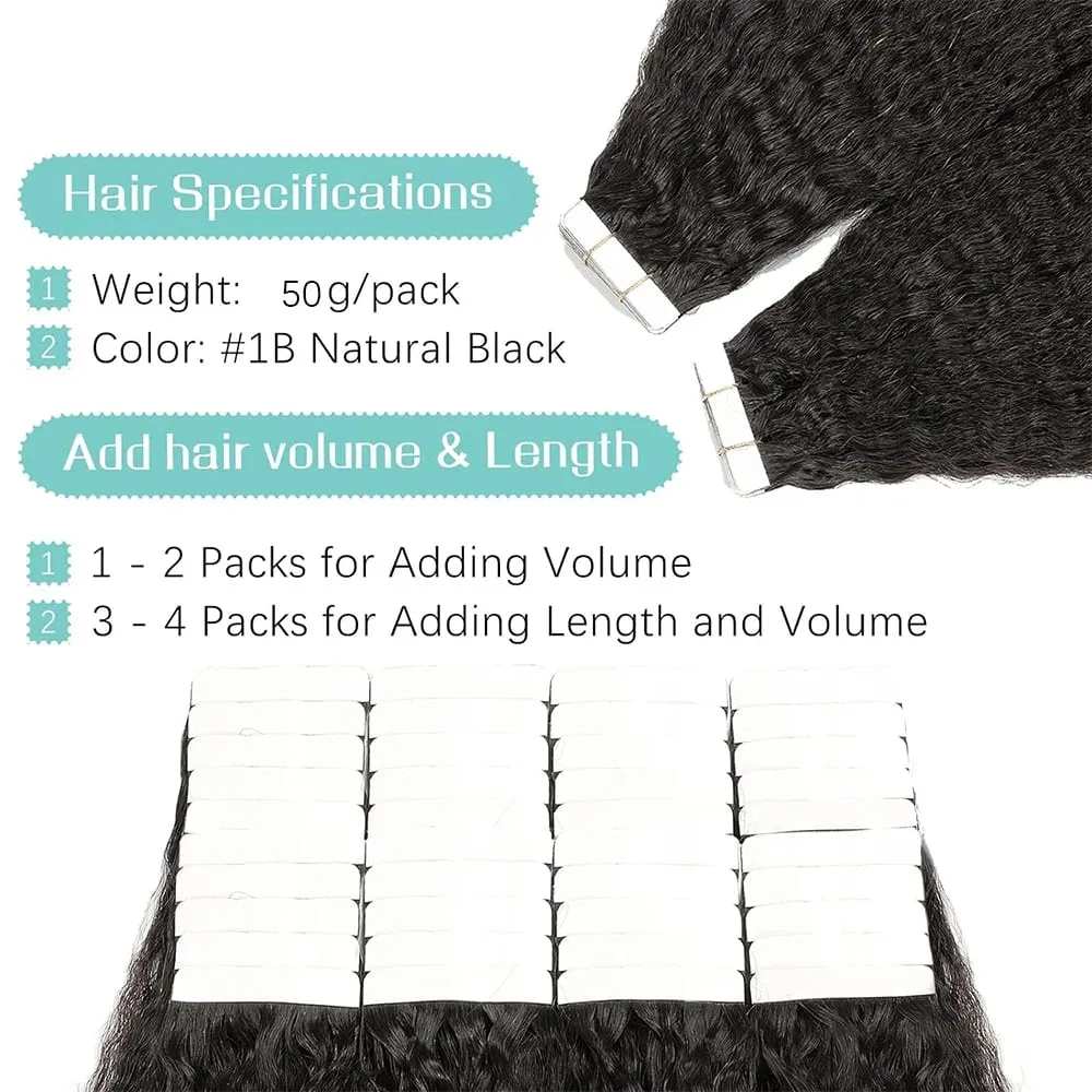 Kinky Straight Tape In Hair Extensions 20Pcs/50g Adhesive Invisible Yaki Straight Tape Ins 100% Human Hair Natural Black 26 Inch — image 5