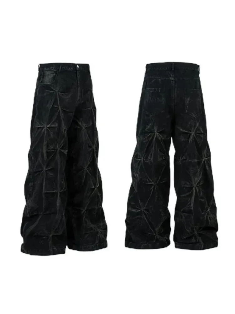 Mens Jeans Harajuku Y2K Streetwear Black Pleated Baggy Denim Pants High Street Hip Hop Wide Leg Loose Fit Casual Fashion Trend — image 5