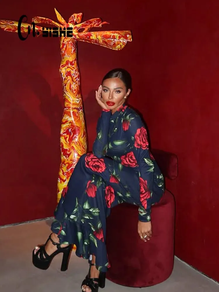 Flower Prints O Neck Women Dresses Sheath Trendy Fashion Elegant Evening Party Outfits Female Bodycon Long Sleeve Robes — image 1