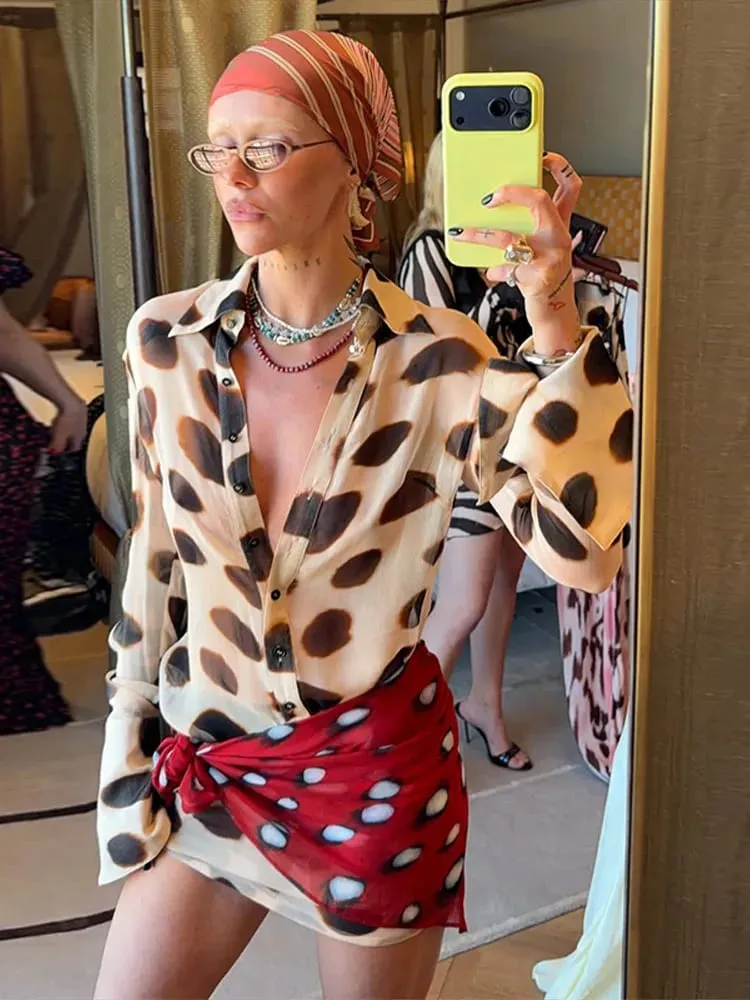 2026 Women Chic Vacation Outfits Fashion Leopard Print Sheer Chiffon Shirt Casual Turn-down Collar Mini Dress & Detachable Scarf — image 4