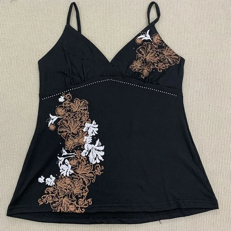 Aesthetic Flower Print Rhinestone Decorative Slim Camisole Summer V Neck Backless Fashion Street Vintage Harajuku Sleeveless Top — image 3