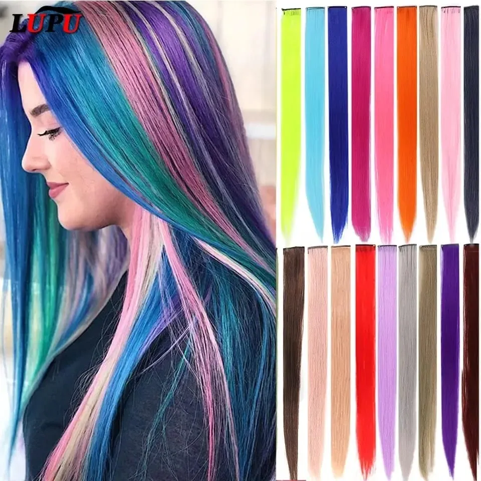 2026 Colored Highlight Hair Extensions 22 Inch Synthetic Rainbow Long Straight Hairpieces Purple Pink Blue for Women Girls Kids