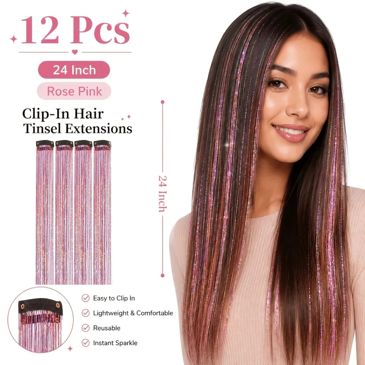 4pcs Clip-In Hair Tinsel Extensions Sparkly Holographic Glitter Hair Strands with Snap Clips Reusable Easy-To-Wear Hair — image 5