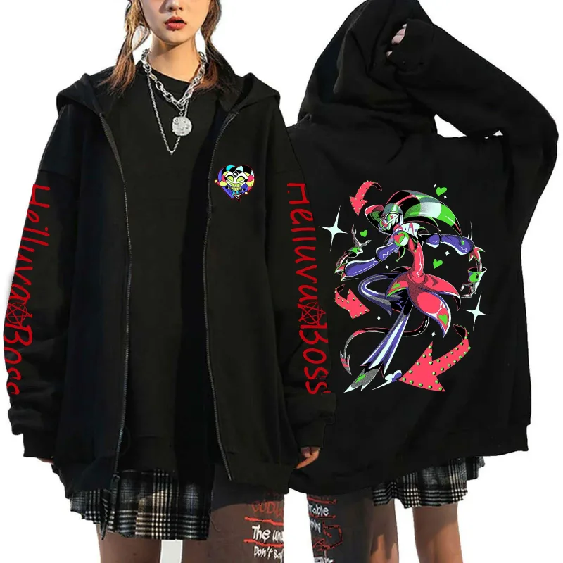 Helluva Boss Print Hooded Zipper Men Women Casual Fashion Fall Winter Warm Vintage Long Sleeve Tops Fleece Zip-Up Sweatshirts — image 9