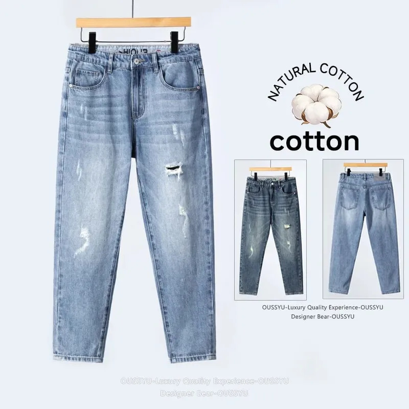 2026 Men's Spring Summer Ripped Hole Jeans Korean Style Straight Leg Casual Harem Denim Pants Distressed Washed Baggy Trousers — image 2