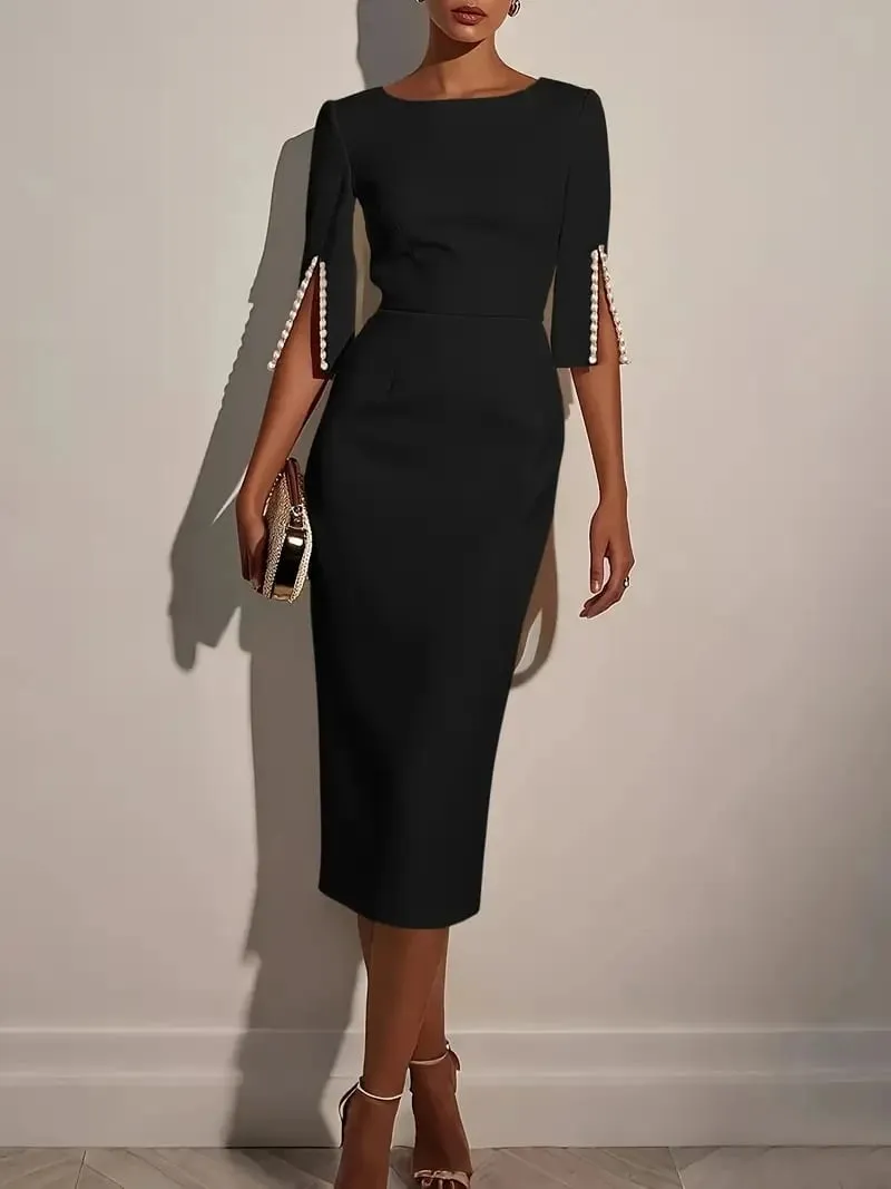 Robe mi-longue crayon de couleur unie pour femme - Ornée de perles demi-manches col rond tenue de bureau élégante — image 5