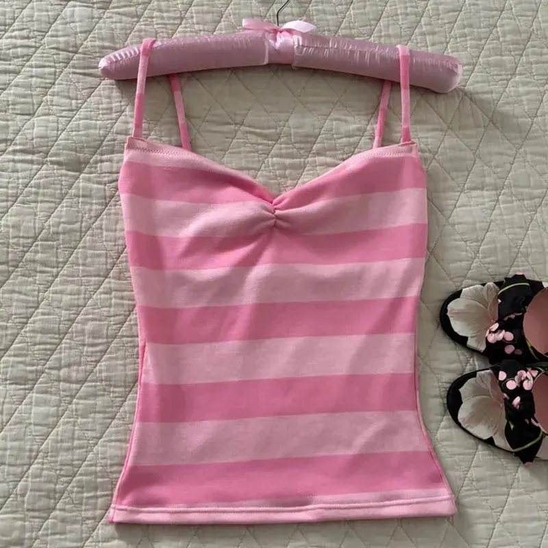 Color Block Stripe Twist Front Spaghetti Strap Cami Top Slim Fit Y2K Sweet Summer Sleeveless Tank Top — image 8
