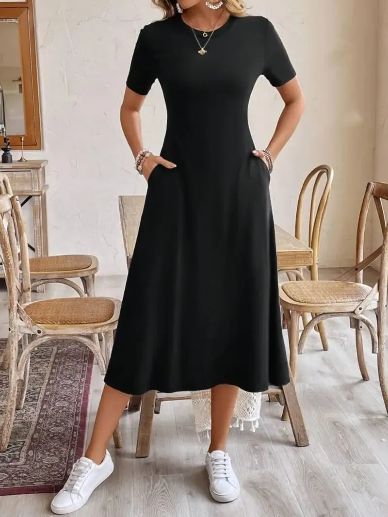 Slim Round Neck Short Sleeve Hanging A-Line Mid Length Skirt Daily Commuting Dress Simple And Elegant Women's Fashion — image 2
