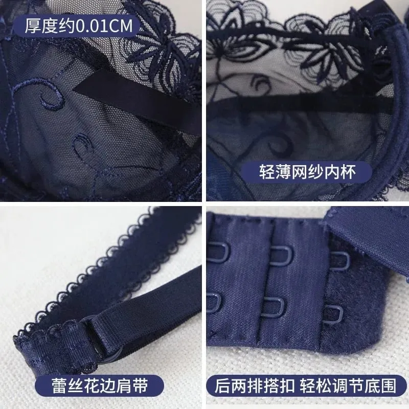 Lace Push Up Bra Set Breathable PantiesThin Mesh Cup Transparent Behalf Lingerie Bow Embroidery Flora Soutien Gorge — image 6