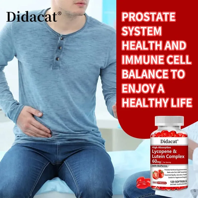 Lycopene & Lutein Complex 60mg Capsules with Bioperine Antioxidant Supports Prostate Heart Eye & Urinary System Health