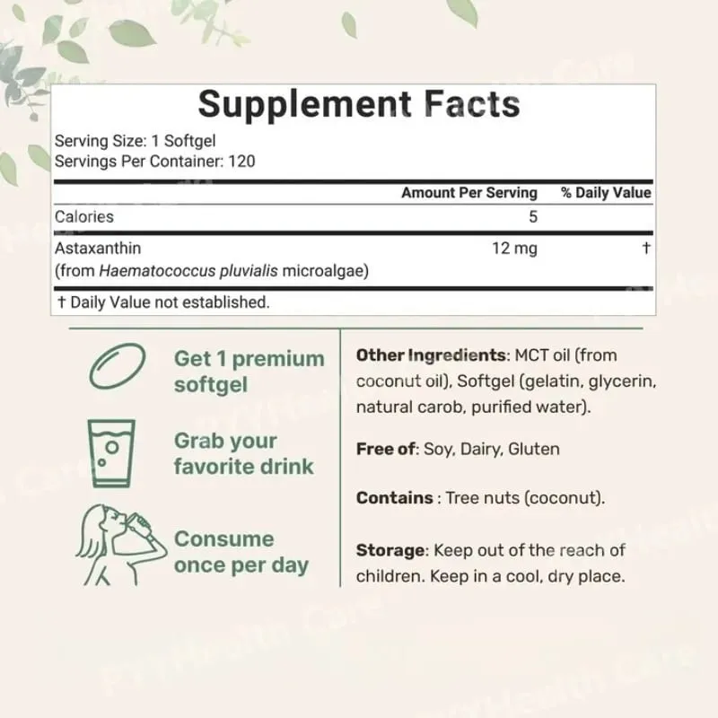 Astaxanthin 12mg Softgels with Oil From Plant-Based Microalgae with Oil Dietary Supplement 120 Pieces