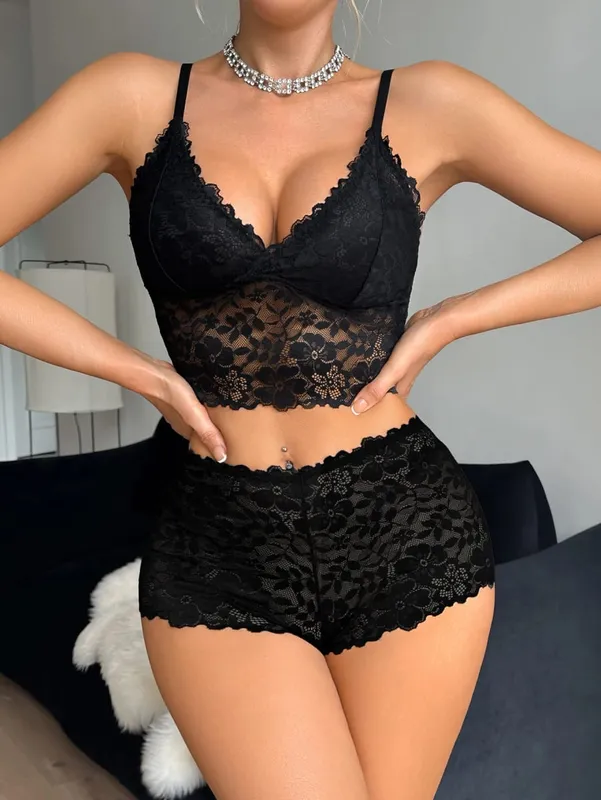 Sexy Lace Women's Underwear Set Wireless Unlined Bra Breathable Sheer Panties Solid Lingerie Set