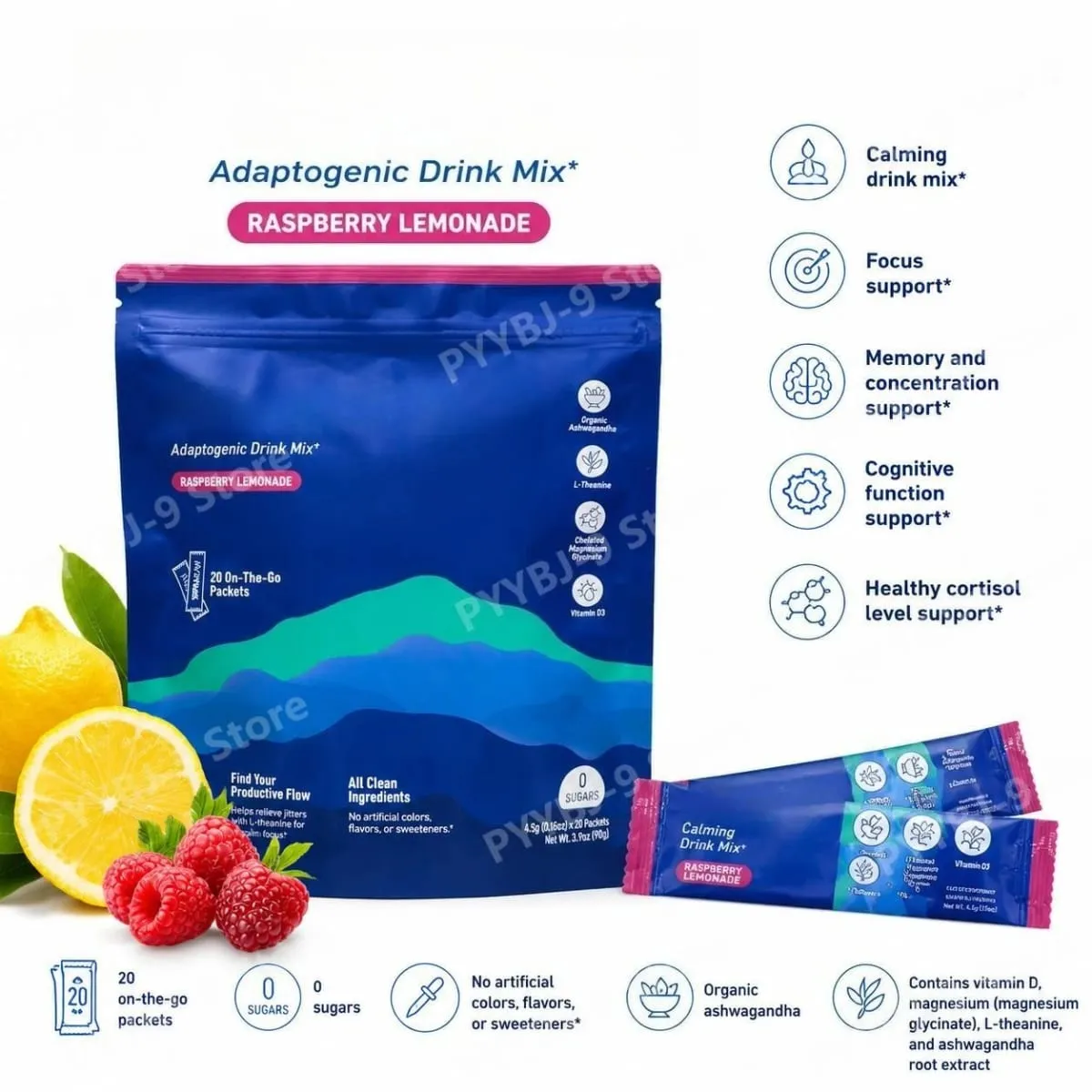 Calming Powder Drink Mix with L-Theanine Focus Memory Concentration & Cognitive Support Healthy Cortisol Balance 20 Packets — image 2