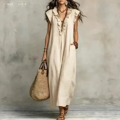 2026 Summer Women Boho Cotton Linen Maxi Dress Solid Color Ruffle V Neck Sleeveless Loose Long Dresses With Pockets Casual Beach — image 11