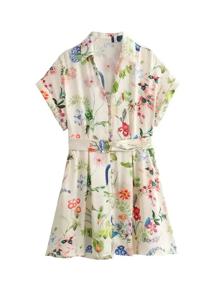 HH Casual Floral Print Shirt Dress Turn Down Collar Belt Single Button Short Dress Summer Lady Beach Party Vacation Mini Dresses — image 5