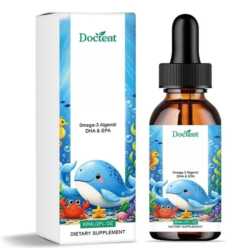 Docteat زيت طحالب أوميغا 3 نباتي من DHA EPA قطرات سائلة لصحة الدماغ للأطفال، نباتي غير معدّل وراثيًا، تغذية يومية برتقالية، 60 حصة