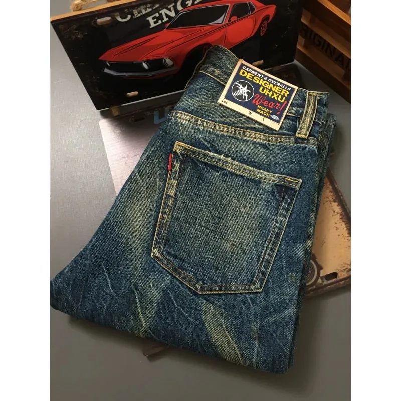 Heavy duty denim pants for men nostalgic trend 2025 new style distressed washed loose straight leg scratch jeans — image 1