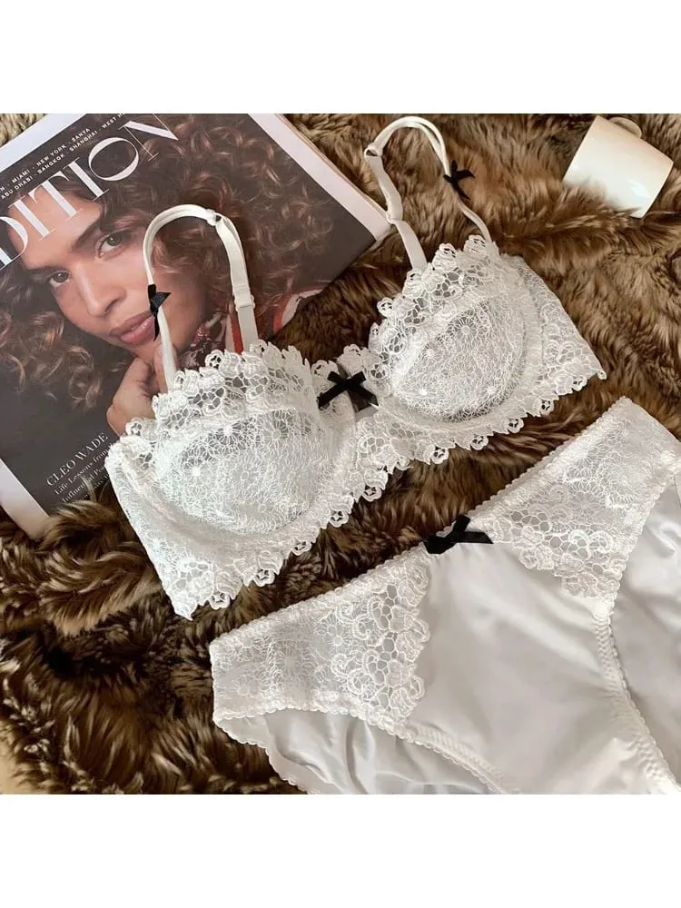 Sexy Lace Bra Set for Women Plus Size Half Cup Sheer Ultra Thin Nipple Concealed Erotic Lingerie Push Up Comfort Underwear Set — image 1