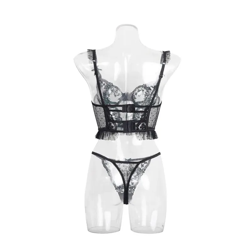 Sexy Bra Brief Set Ruffles Dot Lingerie Embroidery Flowers Solid Panties Underwear Lace Two Back Closure Intimate Exotic Sets — image 5