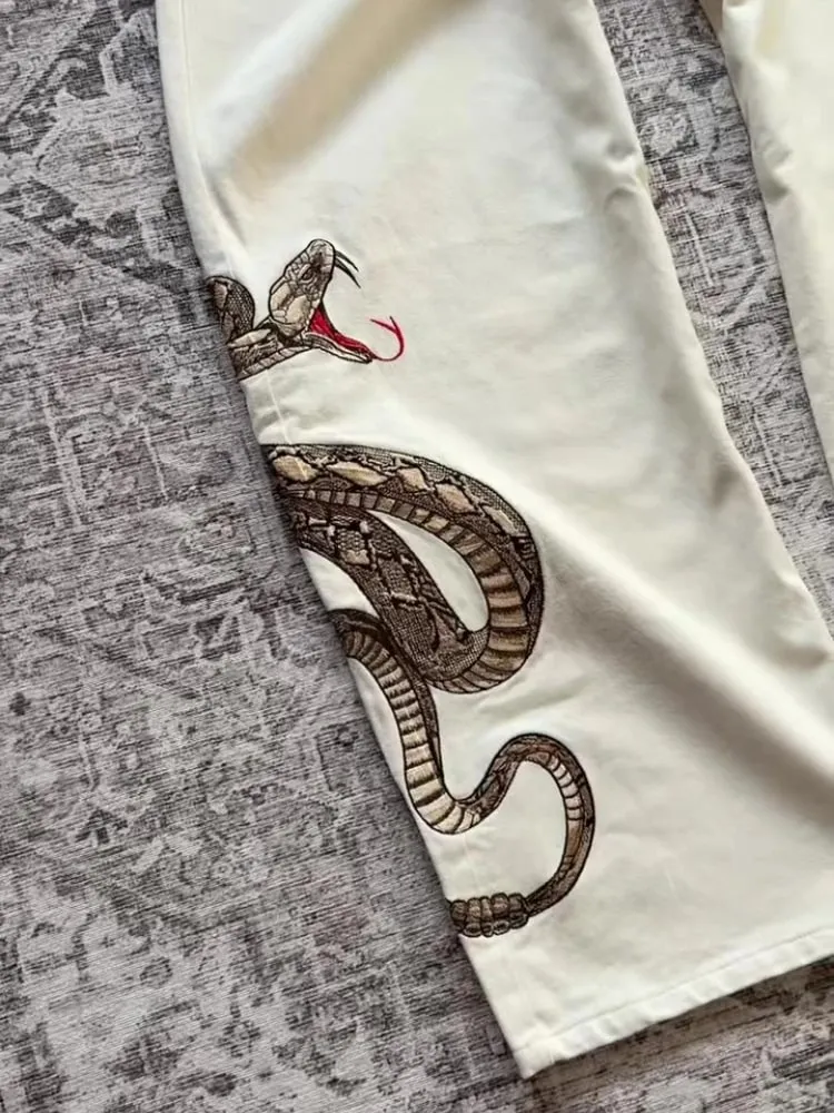 Streetwear Retro Snake Jeans Boa Embroidery Graphic Python Print Pocket Denim Pants Y2K Trend Unisex Baggy Straight Leg Pants — image 4