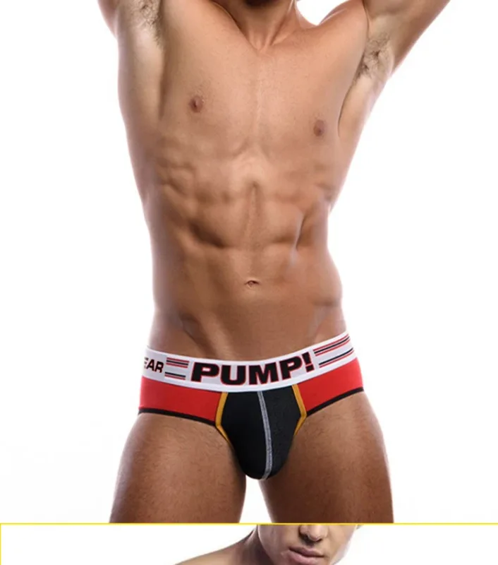 Men's Cotton Color Block Briefs, Pump! Logo Wide Waistband Low Rise Sexy 3D Convex Pouch Underwear — image 24