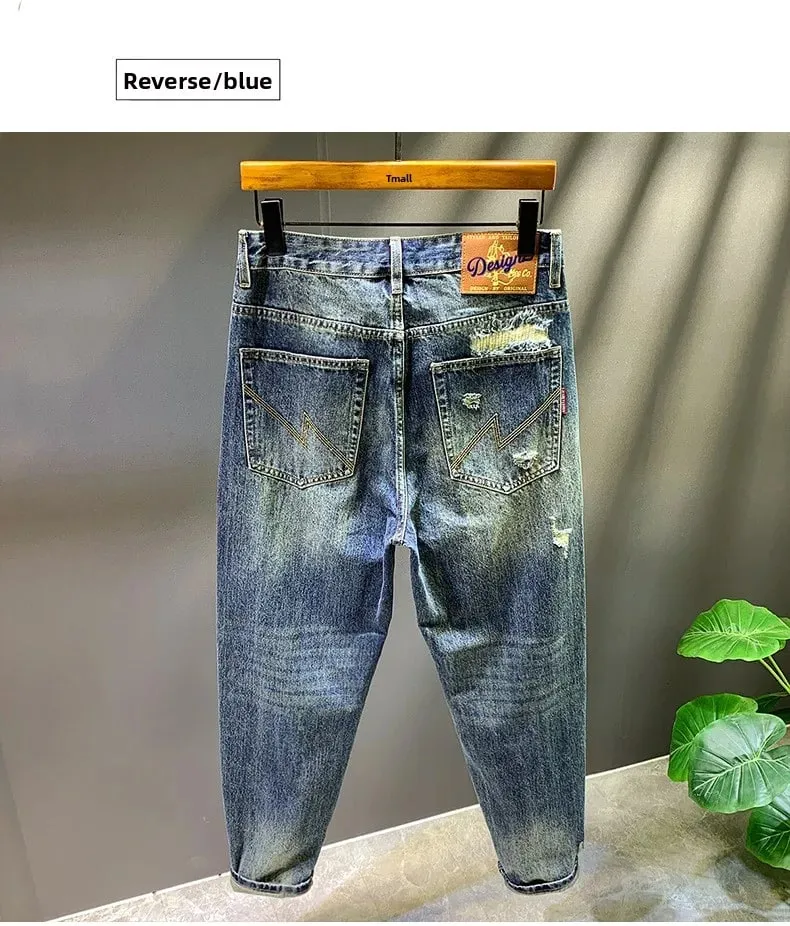 2025 Autumn/Winter New Men's Trendy Piercing Patch Jeans with Letter Printed Micro Loose Pants — image 10