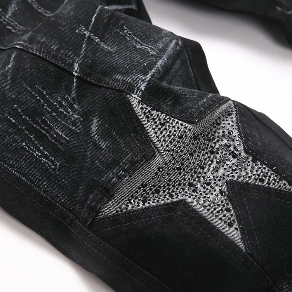 Men Crystal Stars Jeans Fashion Rhinestone Boot Cut Pants Punk Black Spliced Stretch Denim Flared Trousers — image 4