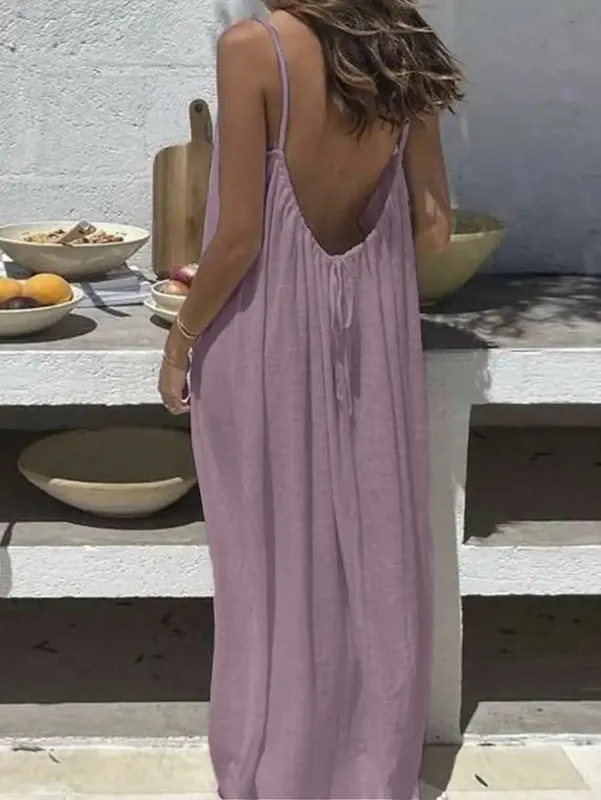 Women's Solid Color Backless Cami Dress Summer Sexy Loose Long Dress Casual Backless Lace-Up Robe Femme Party Dresses Home Wear — image 19